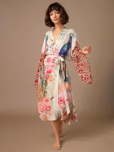 Women's Peacock Print Kimono Sleeve Cover Up Dress, Casual Flowy Long Sleeve Belted Cover Up Dress for Beach Holiday Vacation, Ladies Swimwear for All Seasons, Swimwear Coverups