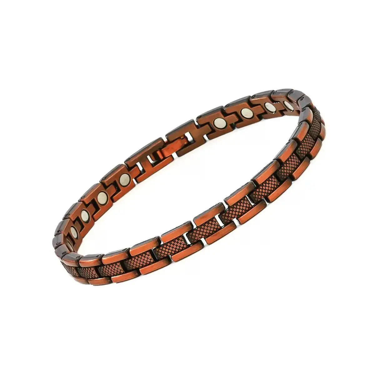 Retro Textured Link Bracelet in Brushed Solid Red Copper, Adjustable Magnetic Therapy Jewelry for Men & Women, Daily, Grid Mesh, Textured Links, Unisex, Wristband