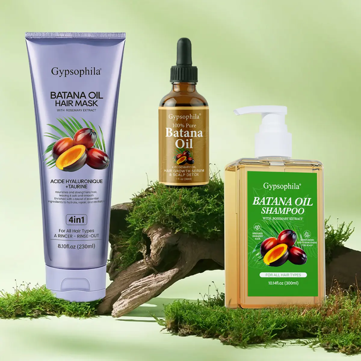 Gypsophila 3-Step Hair Revival Kit: Batana Oil Shampoo + Batana Oil & 4-in-1 Hair Mask (Rosemary, Hyaluronic Acid, Taurine) – Nourish, Repair, Volumize for Healthy, Hydrated, Smooth Hair Natural Shine Strength Lightweight Serum Repairing  #Summervibes
