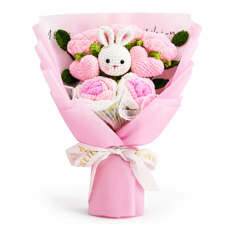 Handmade Crochet Flowers Bouquet Gift Ideas for Gift Season, Cute Bunny Pink Flowers Forever Bouquet, Fall Birthday Anniversary Halloween Friendsgiving Thanksgiving Christmas Easter Gift for Girlfriend Her Girls, Greeting Card Ready to Gift