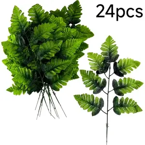 24 PCS Artificial Silk Leather Leaf Fern Picks Artificial Greenery Stems Fake Artificial Fern Leaves Faux Fern Plant Bouquet for Floral Arrangement Home Wedding Garden Centerpiece, Artificial Plants, UV-resistant