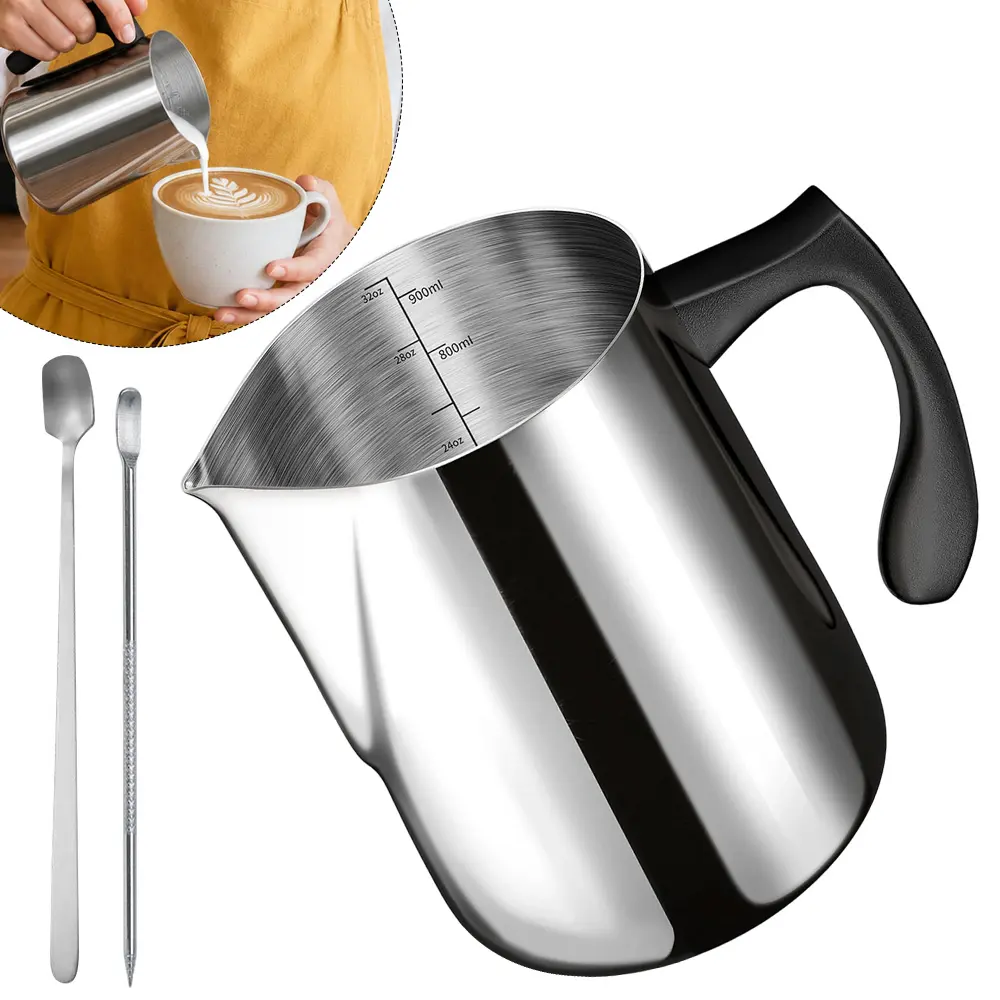 Milk Frothing Pitcher, 900ml (30oz) Milk Frother Cup Stainless Steel Jug Steaming Pitcher, Milk Coffee Cappuccino Latte Art Barista Steam Pitchers Milk Jug Cup with Decorating Pen