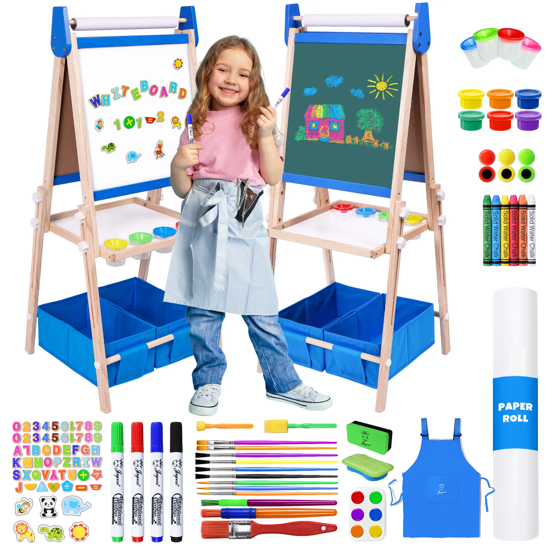 Joyooss Kids Adjustable Wooden Double-Sided Art Easel with Paper Roll, Art Markers Pen - 122 BLUE, Permanent Drawing Markers