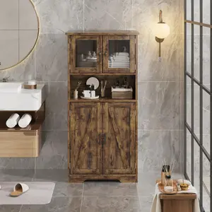 Storage Cabinets, 54 Inch Tall Hutch Bar Cabinet with Glass Doors and Adjustable Shelves, Wooden Kitchen Pantry Storage Cabinet, for Living Room,Rustic Brown