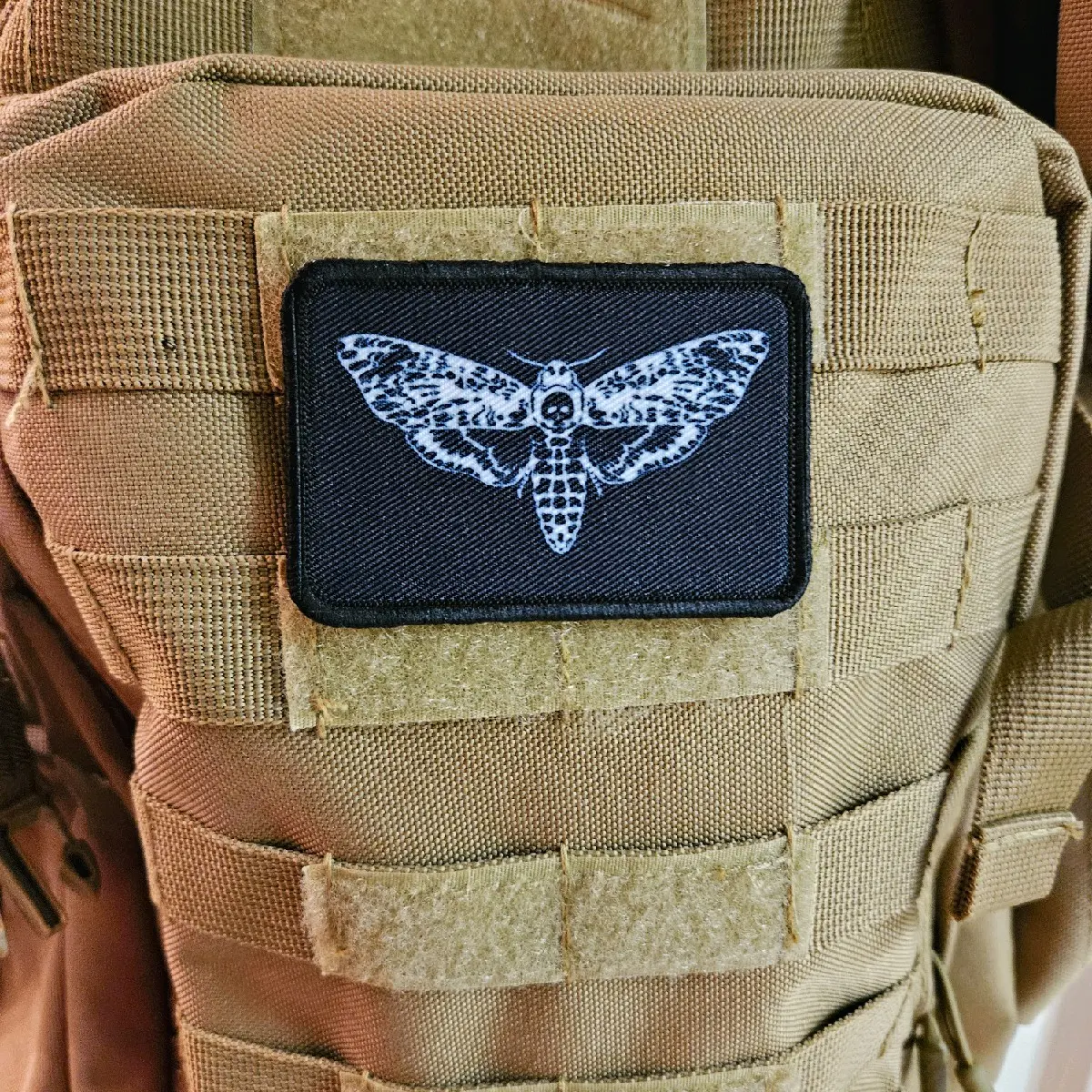 Death's head moth goth black background funny  2"x3" morale patch with hook and loop backing