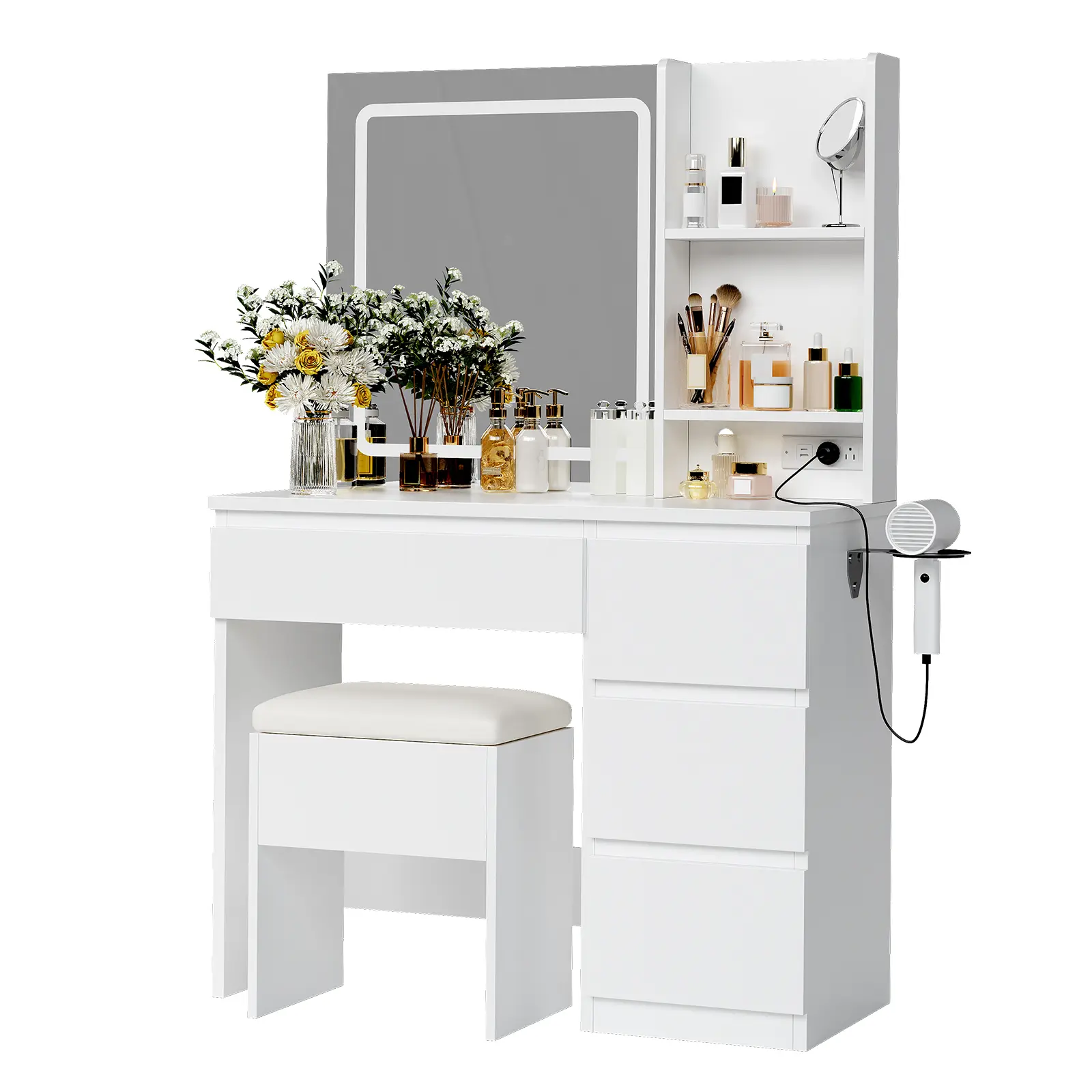 Vanity Desk with Lighted Mirror – 4 Drawers, Power Outlet, Storage Stool, Adjustable 3-Color LED Lighting, Shelves, Hair Dryer Holder – Makeup Vanity Set for Bedroom – White, Vanity Table Set, Lighted Vanity Desk