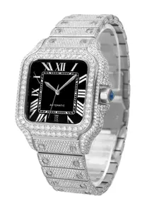 Luxury Fashion Watch with Moissanite Automatic Mechanical Movement, Stainless Steel Band, Face, Square Rose Gold Case, Analog Watch, Modern Fashionable Wristwatch