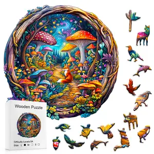 Wooden Puzzle 5A Difficulty Fox & Mushroom Fantasy Jigsaw for Adults Kids Creative Gift Unique Present Find Decompression Healing Immersion Challenge Stitch
