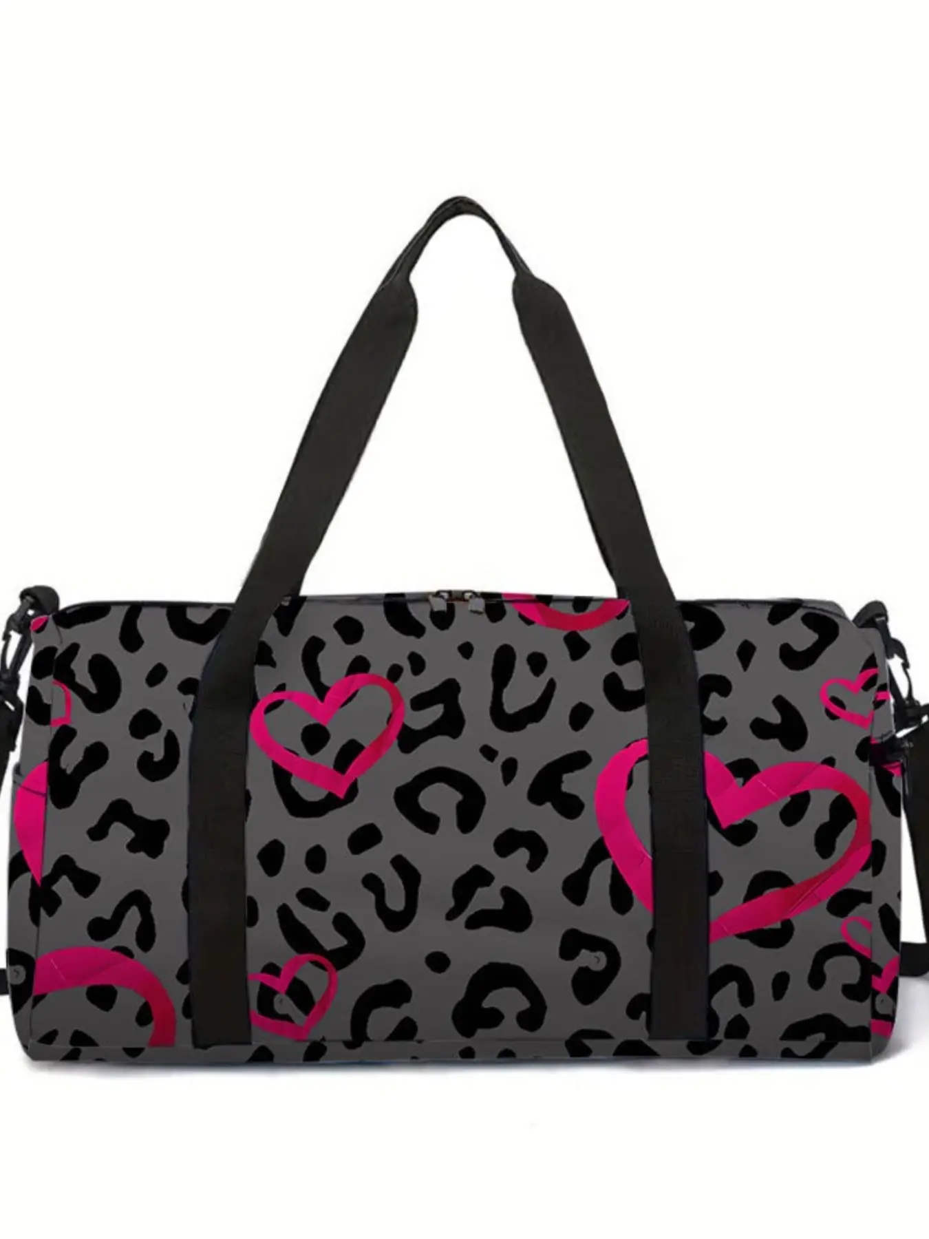 Grey Leopard Print Duffel Bag with Pink Hearts, Large Capacity Weekender Tote with Detachable Shoulder Strap, Multi-Purpose Gym & Travel Bag for Women, Travel Duffle Bag, Travel Duffels