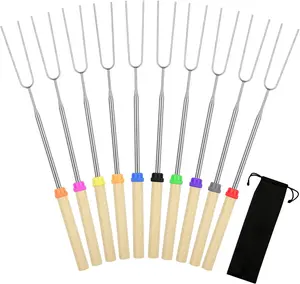 10 Pack Smores Sticks, 32 Inch Marshmallow Roasting Sticks for Fire Pit, Extendable Roasting Skewers with Bag, Hot Dog Fork, Smores Kit for Campfire Camping Essentials