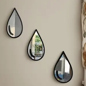 3pcs Creative Teardrop Wall Mirror Set - Black Frame Minimalist Design, Bedroom Bathroom Spliced Mirror for Home Background Wall Decoration