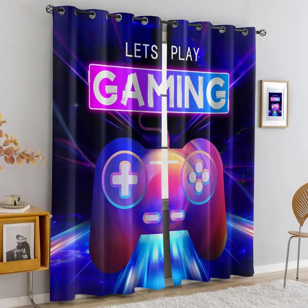 Vibrant Gamer Theme Printed Curtains, Neon Game Controller Design Blackout Curtains, Perfect for Gaming Rooms and Teen Bedrooms, Adds Excitement and Style to Your Home Decoration, 2 Panels 2D Plain Weave, Light Blocking Rate 50%-85%