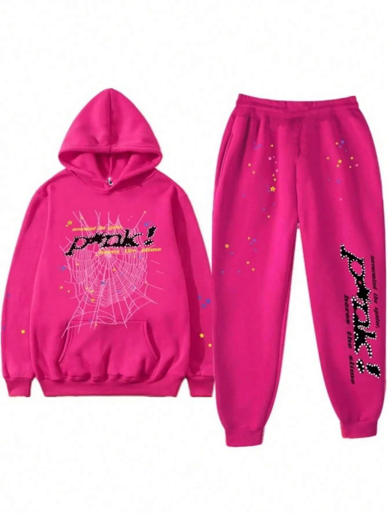 Nevermind the Spider Hoodie Print Short Fashion Menswear Sweatshirt Set in Pink with Hood and Front Pocket Design