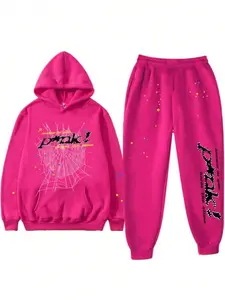 Nevermind the Spider Hoodie Print Short Fashion Menswear Sweatshirt Set in Pink with Hood and Front Pocket Design