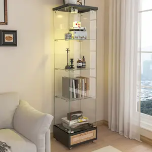 Modern Glass Display Cabinet with Drawer Quick-assembly Antique Cabinet with LED lights Tempered Glass Bookshelf 1-Door Storage Case with 4 Shelves for Living Room and Bedroom black and natural 14.4" W × 16.7" D × 65.8" H