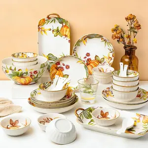 24/35/46-piece ceramic dinnerware set with pumpkin pattern, in orange and yellow tones, warm and cozy, perfect for serving turkey, steak, and other delicacies. Microwave-safe, machine washable, and lead-free underglazed. Dishware Sets