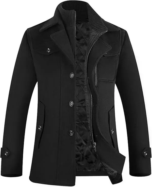 APTRO Men's Wool Pea Coat, Classic Single-Breasted Winter Jacket with Lapel Collar, Warm Long Sleeve Casual Outerwear with Pockets, Longsleeves, Tops