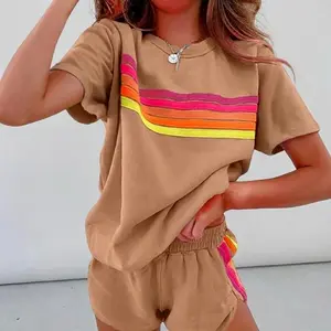 Women's 2-Piece Retro Rainbow Stripe Casual Lounge Set - Thick Cotton Blend Fabric, Lightweight Breathable Ultra-Soft Short-Sleeve Sweatshirt & High-Waist Ribbon Shorts, Dopamine Aesthetic Pajamas for Spring Break 2026, Golden Hour Vibes,summervibes