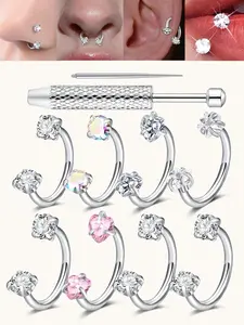 6pcs Heart Star Cz Horseshoe Nose Rings, Internal Threaded Stainless Steel 18gauge 8mm Hoops, Ideal for Nose, Cartilage, Tragus, Helix & Lip Piercings, Nose Piercing Jewelry, Body Jewellery