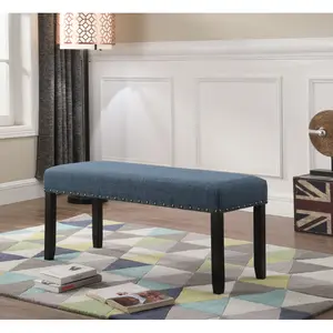 Bellemave Biony Fabric Dining Bench with Nailhead Trim Blue Linen Cotton Upholstery Solid Hardwood Legs 44x16.5x19 Modern Furniture Upholstered Stool Footstool