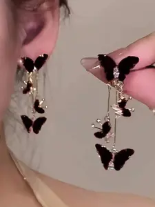 1 Pair Of Chic Black Butterfly Long Tassel Statement Earrings, Versatile For Everyday Wear