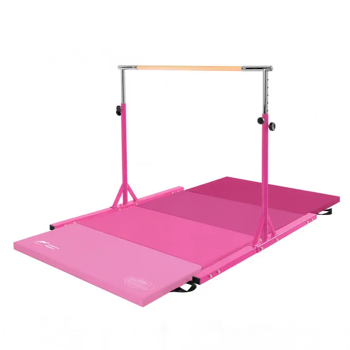 Kangaroo Hoppers 4FT Adjustable Gymnastics Bar & Foldable Mat Set - Wood Base, Child Height Compatible, Gym Training Functional Gear