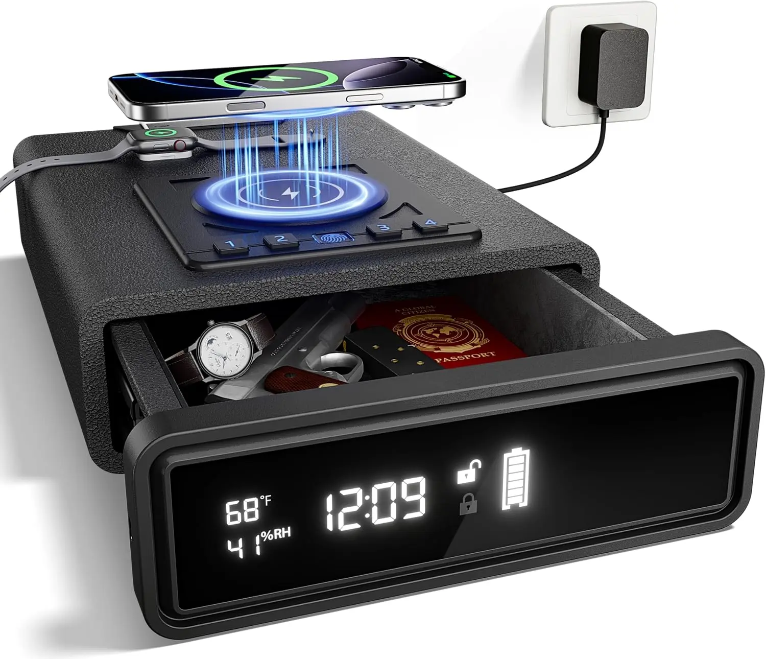 Biometric Safe for Home Security, 3 Unlock Methods, Adjustable LED Display with Humidity & Temperature Monitoring, Backup Battery & Key, Secure Storage for Cash Jewelry Valuables, Gift for College Dorm Students
