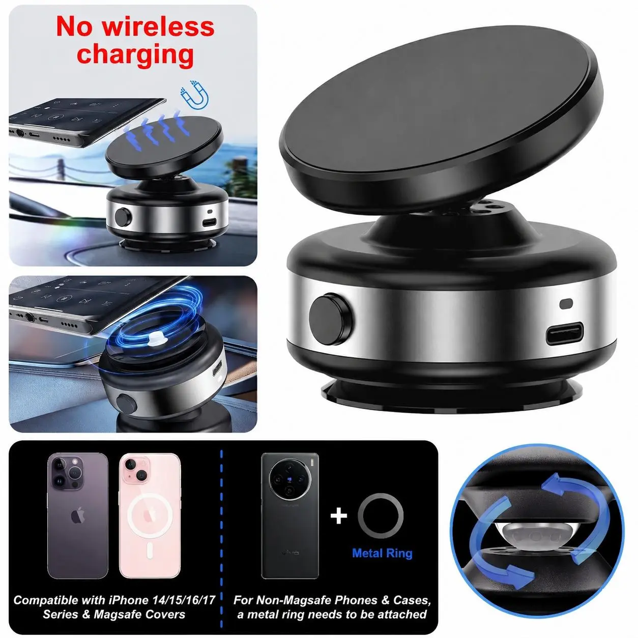 JOYYE Magnetic Phone Mount - 360° Rotatable Adjustable Grip, Strong Vacuum Adsorption, Portable Metal Dashboard Accessory, Alcohol Pad Included, MagSafe-Compatible for iPhone, Mobile Standing Stand, On-the-Go Use Accessory