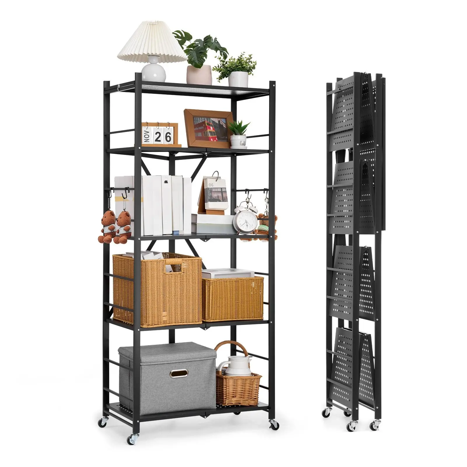 Folding Storage Shelf With Wheels 5-Tier Metal Shelving Unit Black - Sturdy Durable Steel Rack With Casters For Garage, Workshop, Kitchen, Or Laundry, Easy Assembly, Adjustable Shelves, Portable Mobile Organization System