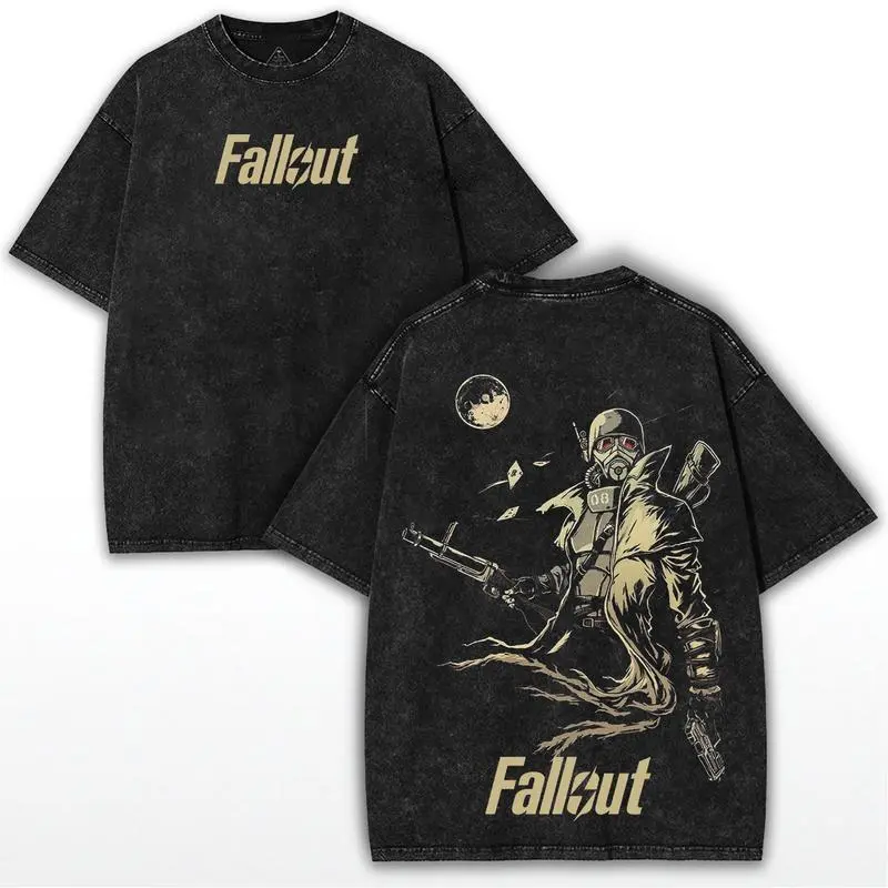Men's Washed Heavyweight Oversized Fallout Game Style Tee - Retro Atomic Wasteland Graphic, Post-Apocalyptic Streetwear, Y2K, Gothic, Vintage Design for Halloween, Concert