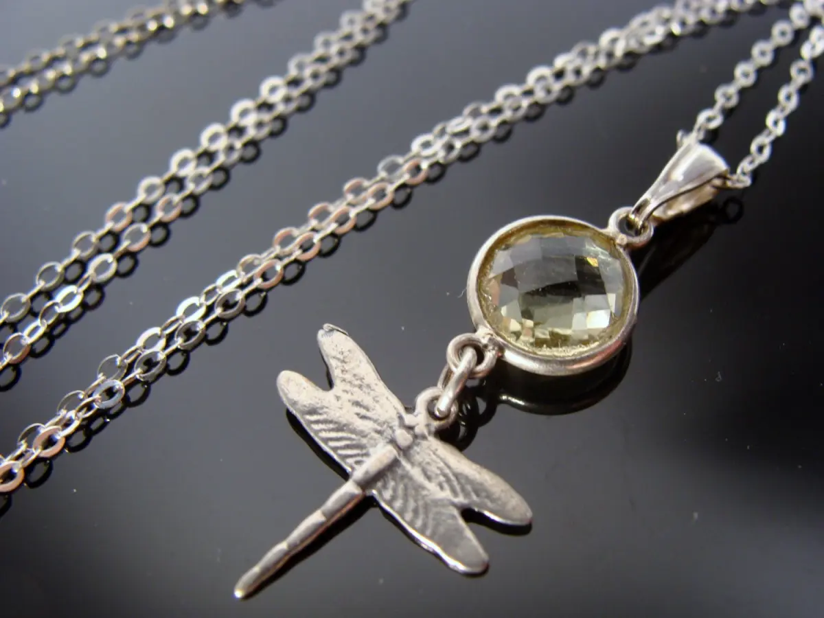 Lemon Quartz Pendant · Dragonfly Necklace · 925 Sterling Silver · Yellow Gemstone Jewelry · Dainty Nature Gift