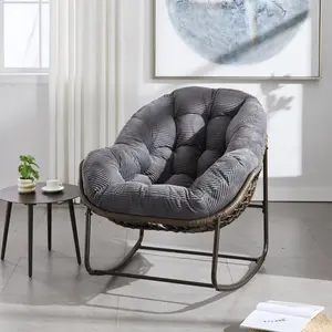 Oversized Outdoor Rattan Rocking Chair with Padded Cushion, Hand-Woven Patio Rocker for Porch, Garden, Living Room, Grey