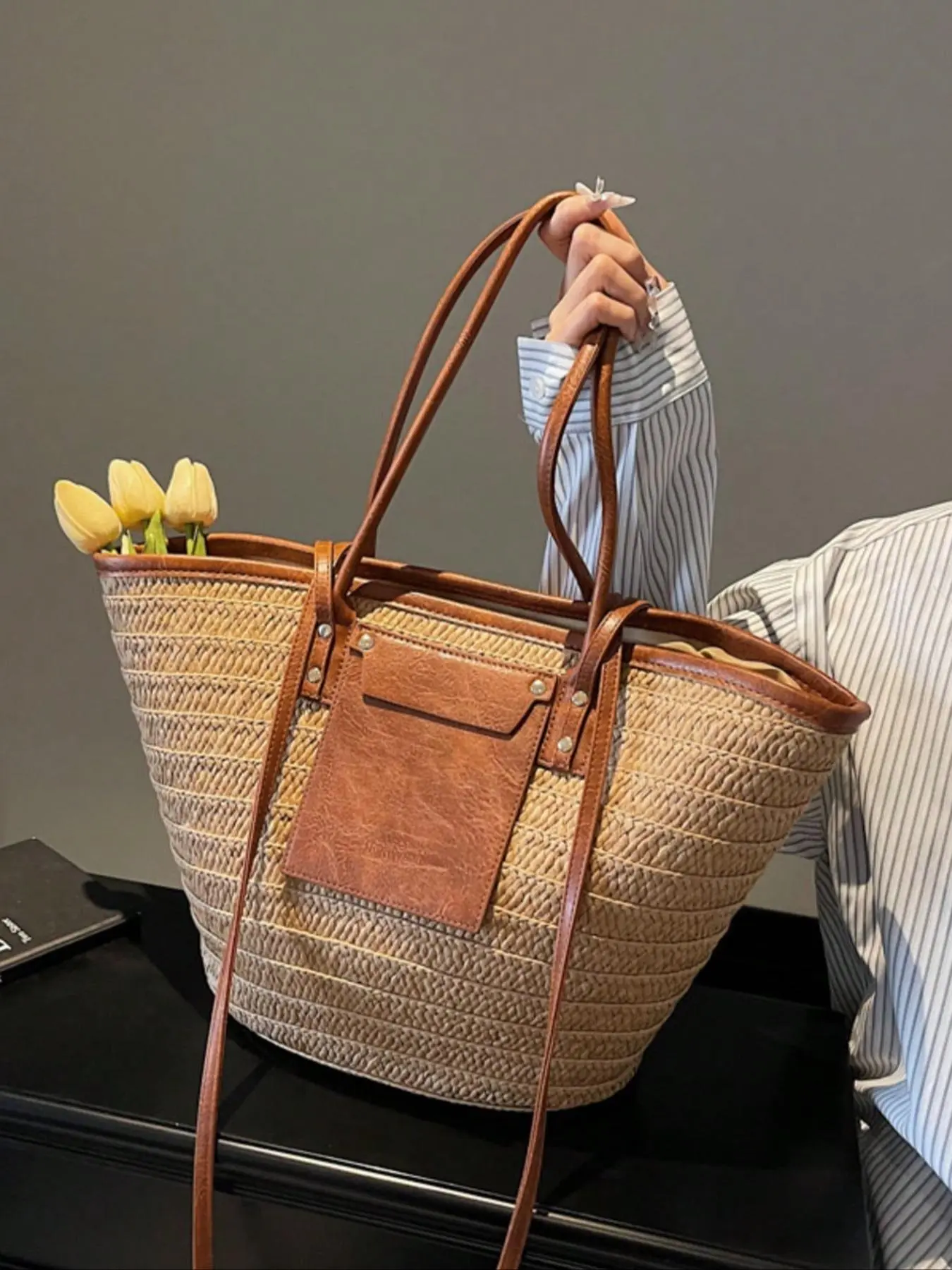 Women's Fashionable Straw Tote Bag, Casual Large Capacity Shoulder Bag for Daily Used, Trendy All-match Bag for Commute, Work, Travel, Straw Boho Bag, Aesthetic Tote Bag, Casual Lightweight Bag, Casual Everyday Bag
