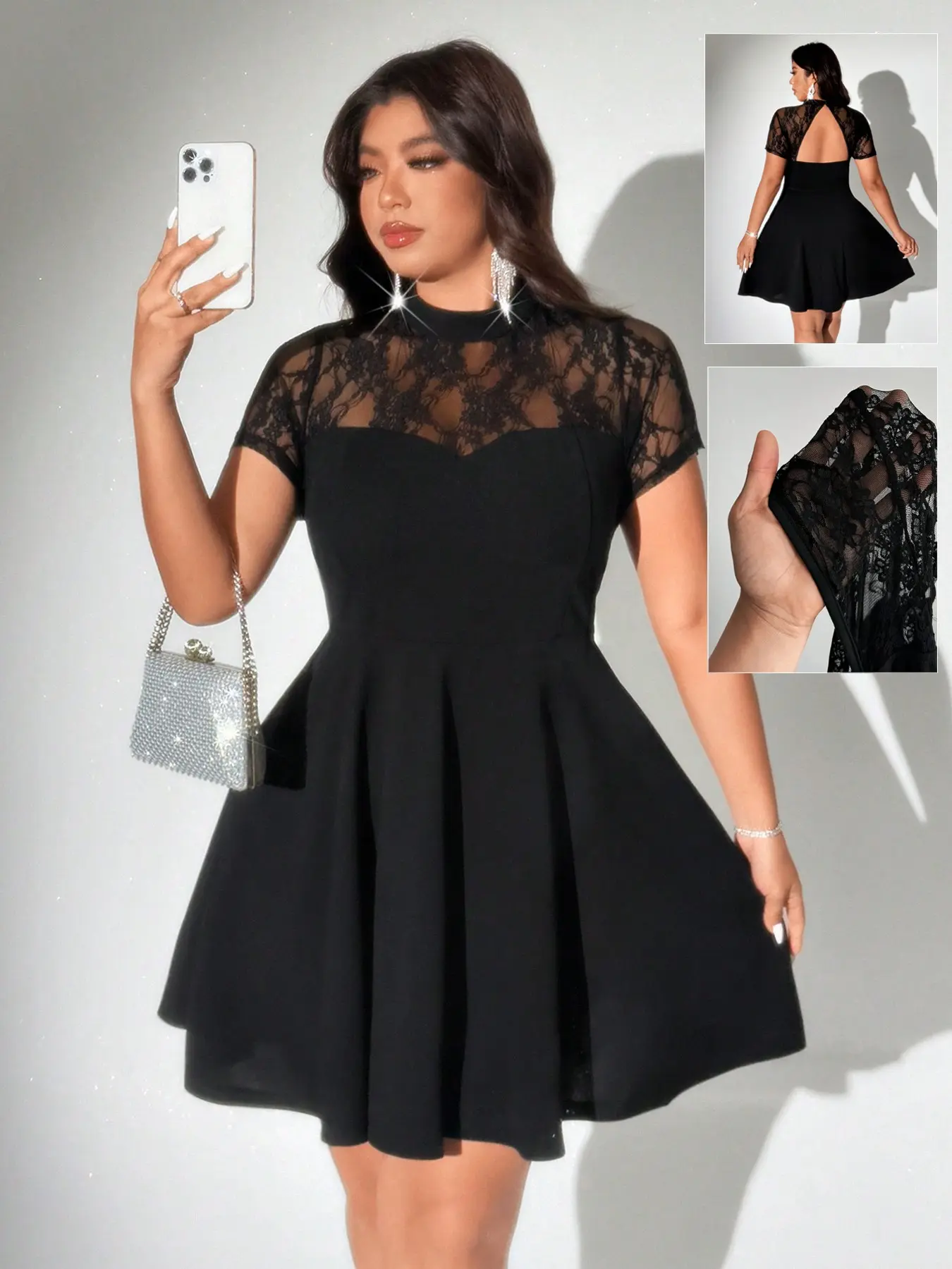 Plus Size Lace High Neck Backless Embellished Dress, Slim Fit A-Line Formal Cocktail Party Dress, Elastic Comfortable Fabric, Perfect for Weddings and Parties, Elegance, Chic
