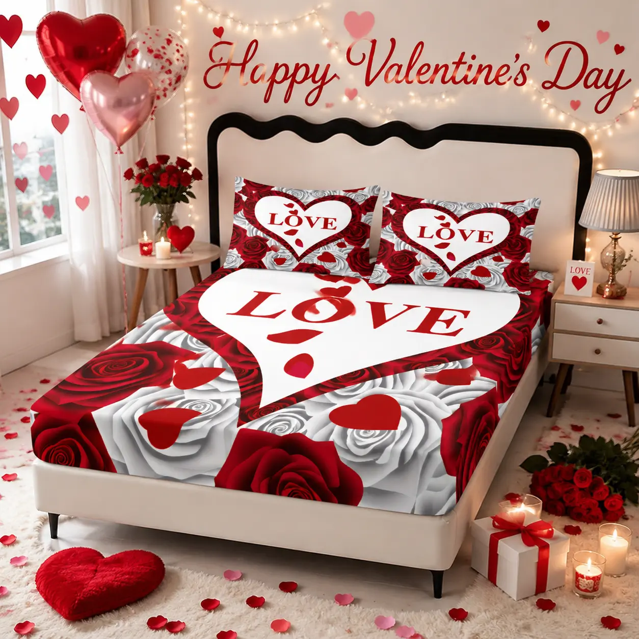 3-Piece Soft Bedroom Bedding Set - Unique Romantic Red Rose & LOVE Heart Fitted Sheet, 3D Floral Mattress Cover & Pillowcases for Couple Aesthetic Room Decor, Unique Bedding Sets
