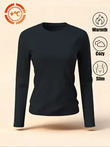 Women's Sporty Round Neck Long Sleeve T-Shirt, Soft Comfortable Solid Color Basic Base Layer Top, Moisture-Wicking Breathable Casual Home Wear, Fitted, Fabric