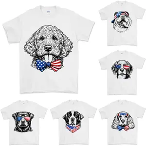 Puppy Love Dog T-shirt Showcasing 50 dog breeds in 4th of July Graphic White Color, Cute Puppy Independence Day Shirt for Dog Lovers, printed on a cozy Gildan unisex crew pullover for pet lovers.