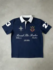 Trendy Break The Rules Slogan Badge Contrast Collar Polo Shirt, Casual - Oversized Fit With Button Placket, Featuring Cursive "Break The Rules" "Fearless" Lettering, Shield Badge With Stars, "STAY WILD" Slogan, And Sleeve Number-Stri