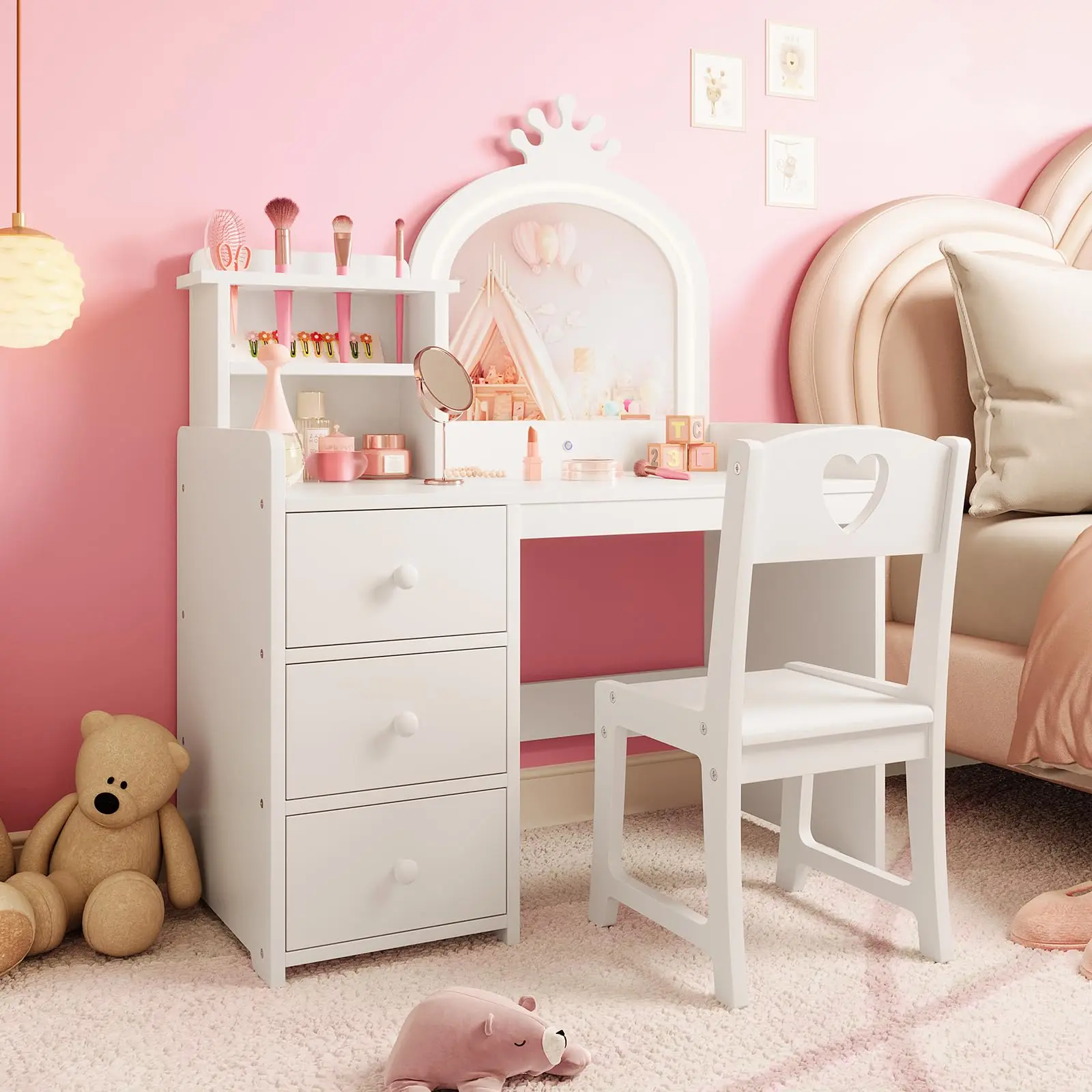Garvee 2-in-1 Wooden Changing Table with Lights, Stool, and Drawer - Princess Makeup Station, Perfect Birthday and Christmas Gift