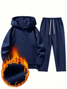 Men’s solid-color fashion two-piece sweatshirt set, regular fit, casual drop-shoulder half-zip hooded sweatshirt + drawstring sweatpants with pockets, suitable for 20-year-old boys, ideal for everyday wear and workouts Long Sleeve men 2 piece sets