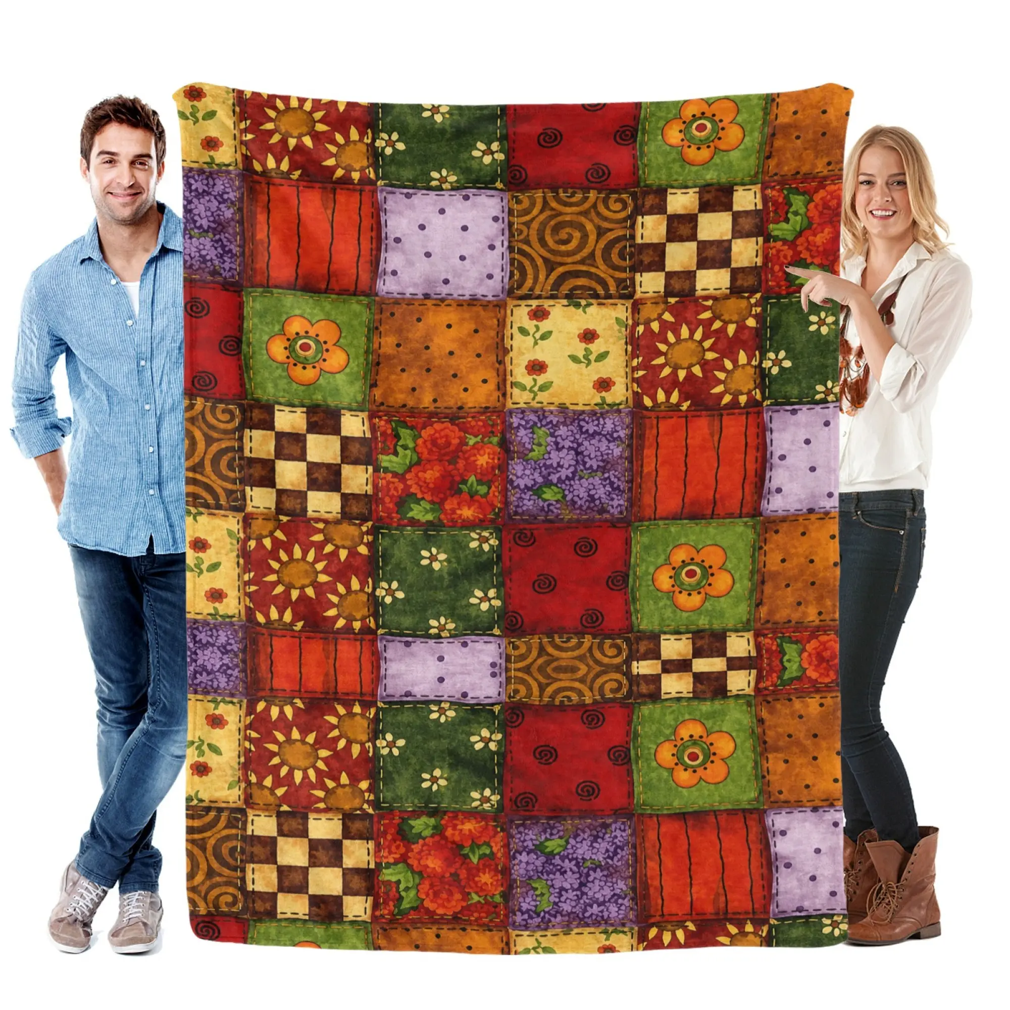 Rustic Patchwork Quilt‑Style Flannel Throw Blanket, Colorful Country Floral Squares Fleece Blanket, Soft Lightweight All‑Season Throw for Couch Bed Sofa, Vintage Farmhouse Home Decor, Perfect Halloween Gift