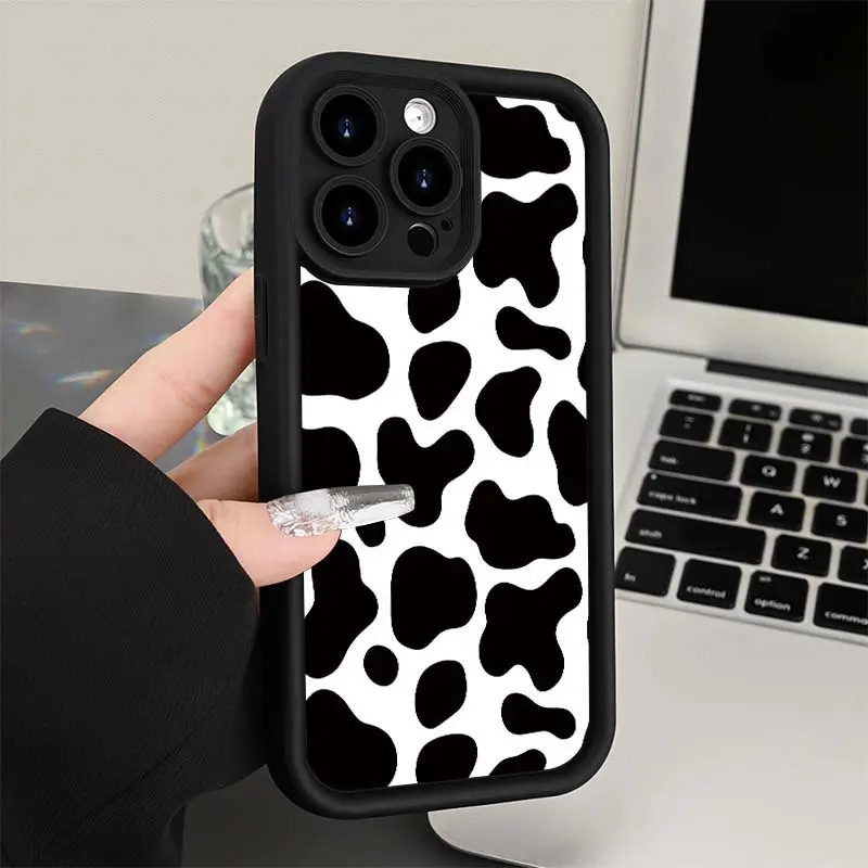Cow Print Silicone Protection Phone Case - Shockproof Phone Cover with TPU Lens Protector, Durable Soft Waterproof Cover for iPhone 17 Pro Max,16,16e,15,14 Plus,13,12 Mini,11,Air,X,XS (2D Printing, Handheld Gift)