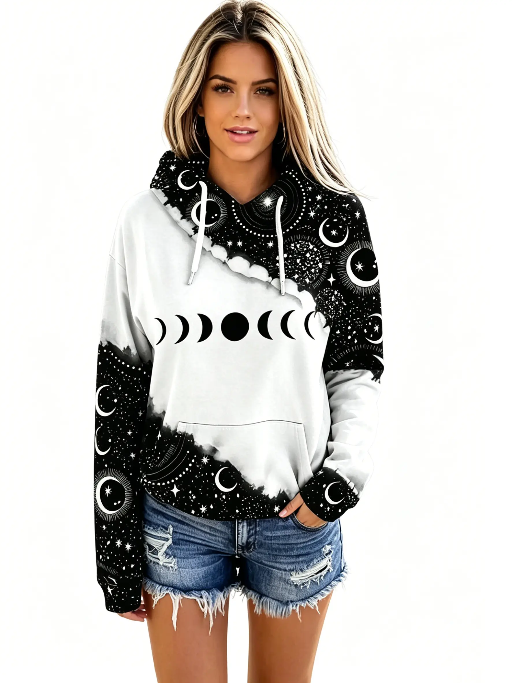 Women's Plus Size Lady Tops Hoodie - Long Sleeve, Casual Style, Drop Shoulder, Moon Star Print, Adjustable Drawstring, Comfortable Everyday Pullover Outfits Sweatshirt, Clothes, Baggy, Longsleeves, Oversized, Graphic, Women's Clothes
