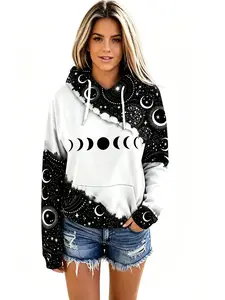 Plus Size Clothes,Women's Drop Shoulder Moon Star Print Graphic Drawstring Hoodie Sweatshirt Pullover