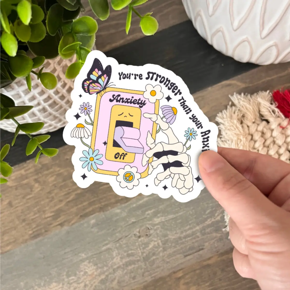 Retro Slogan Mental Health Stickers - "You're Stronger Than Your Anxiety" Motivational Flat Reusable Universal Decoration, Removable Waterproof Smooth Home Decor for Mirrors, Windows, Removable Window Decal