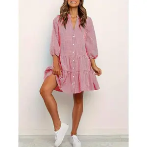 Women's Gingham Button-Down Shirt Dress - Romantic Ruffle Hem Design