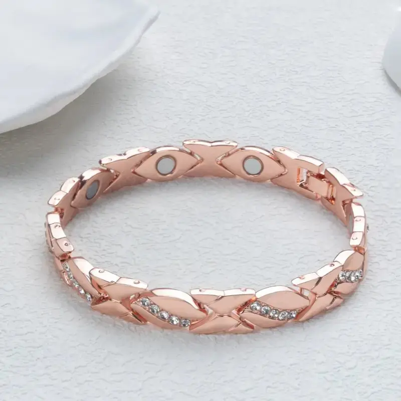 Pure Copper Leaf Bracelet for Women, Elegant Stackable Bangle with Diamond Accents and 3500 Gauss Magnet, Adjustable for Daily Wear, Stackable Bracelets