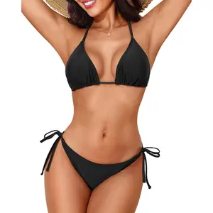 Holipick Two Piece Bikini Sets for Women String Bathing Suit Halter Top with Side Tie Bikini Bottom