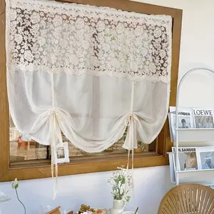 1pc French Romantic Floral Embroidered Tie-Up Window Curtain, Vintage Transparent Sheer Drapes, Suitable for Living Room, Bedroom, Study