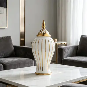Luxury Ceramic Ginger Jar with Trim, Modern Lidded Urn for Home Decor, Glam Vessel for European & Middle Eastern Homes, Vase